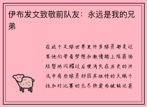 伊布发文致敬前队友：永远是我的兄弟