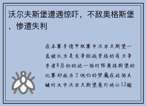 沃尔夫斯堡遭遇惊吓，不敌奥格斯堡，惨遭失利