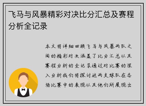 飞马与风暴精彩对决比分汇总及赛程分析全记录