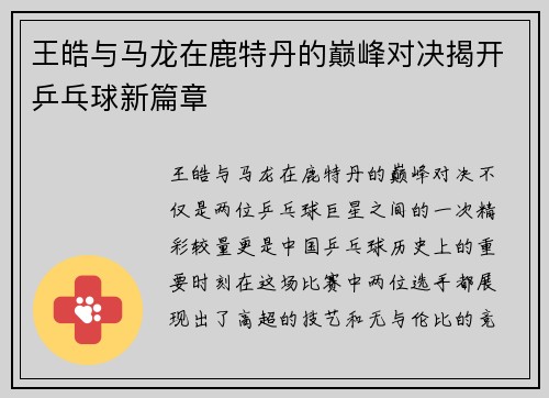 王皓与马龙在鹿特丹的巅峰对决揭开乒乓球新篇章
