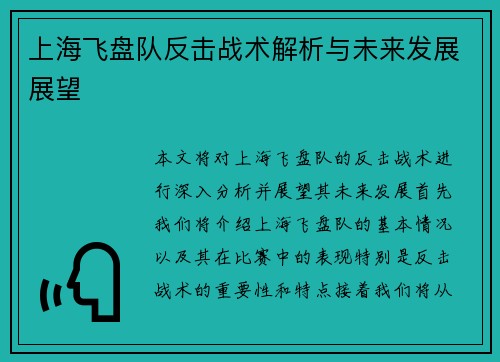 上海飞盘队反击战术解析与未来发展展望