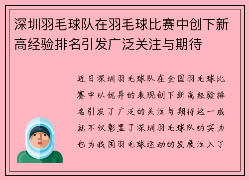 深圳羽毛球队在羽毛球比赛中创下新高经验排名引发广泛关注与期待