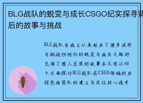 BLG战队的蜕变与成长CSGO纪实探寻背后的故事与挑战