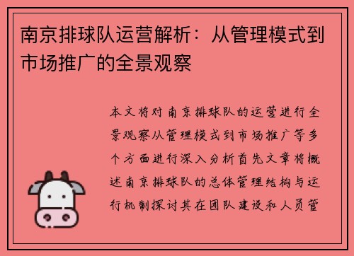 南京排球队运营解析：从管理模式到市场推广的全景观察