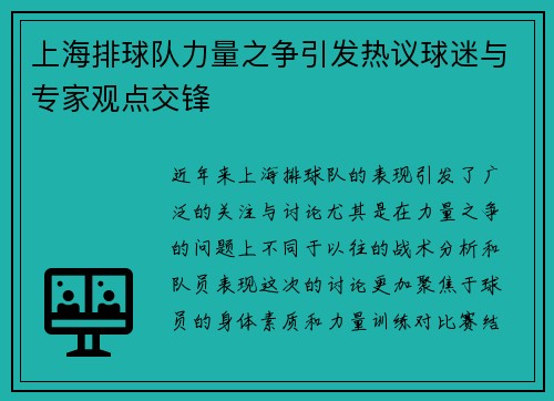 上海排球队力量之争引发热议球迷与专家观点交锋