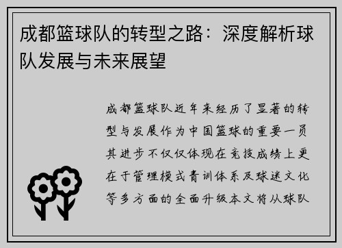 成都篮球队的转型之路：深度解析球队发展与未来展望