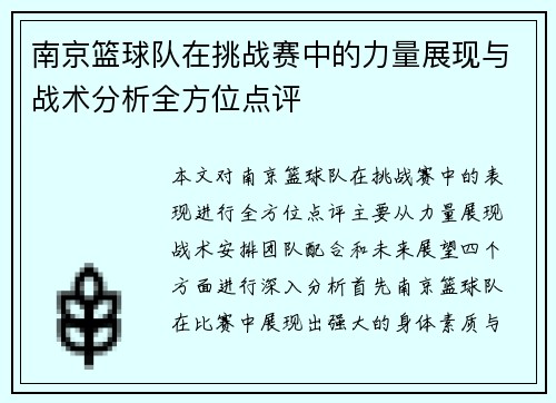 南京篮球队在挑战赛中的力量展现与战术分析全方位点评