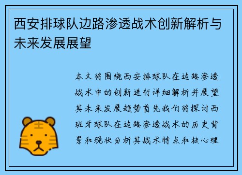 西安排球队边路渗透战术创新解析与未来发展展望
