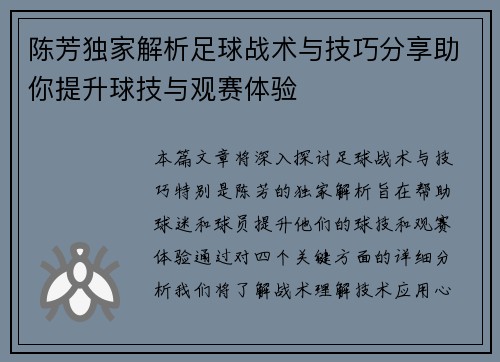 陈芳独家解析足球战术与技巧分享助你提升球技与观赛体验